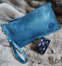 Denim blue leather wristlet handbag